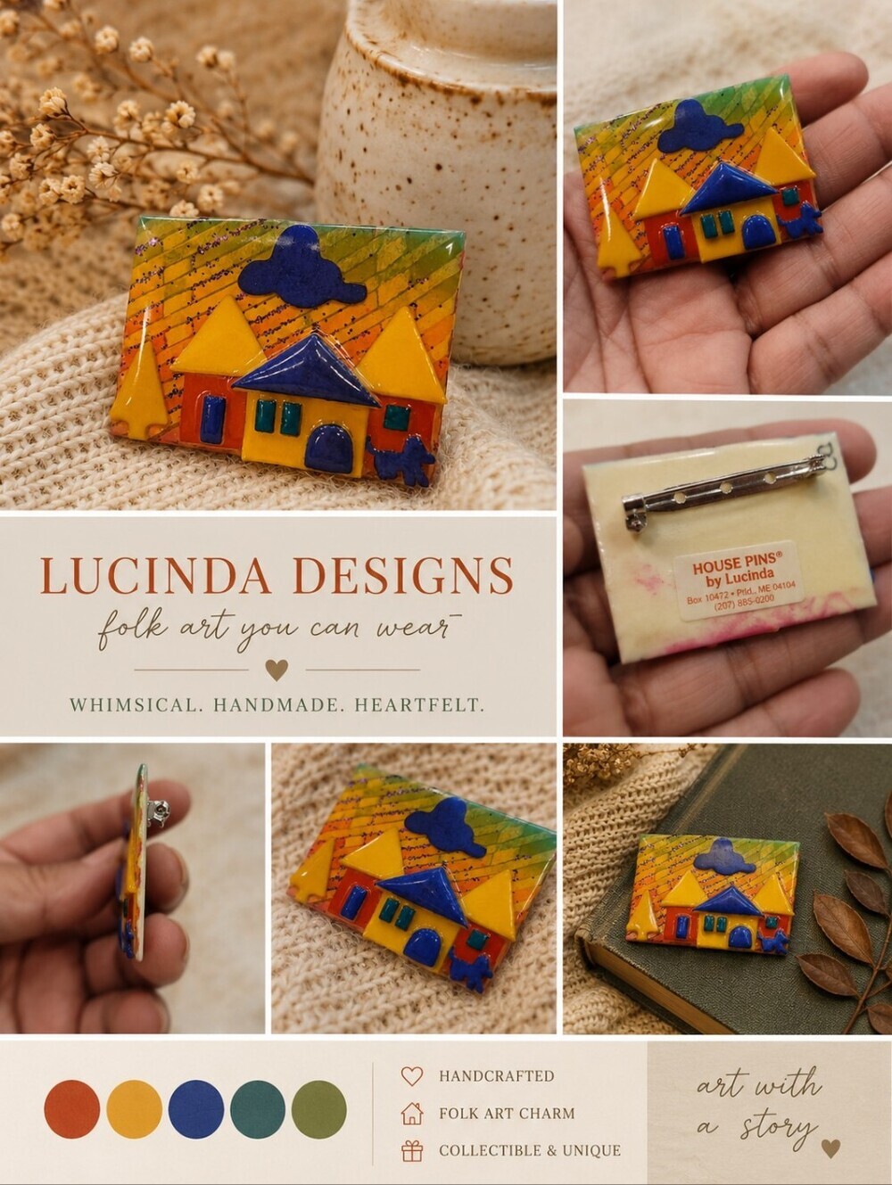 Lucinda Designs House Pins Folk Art Village Brooch Handmade Colorful Cottage Pin